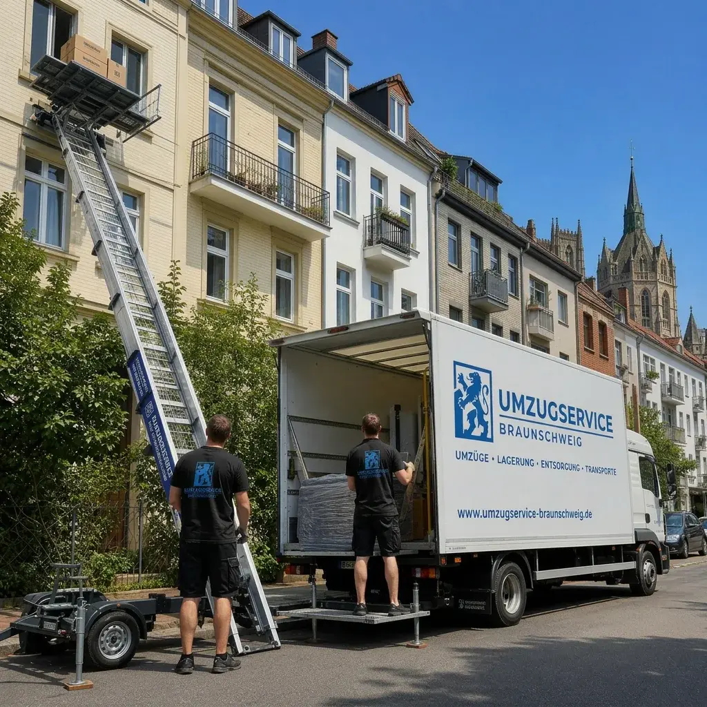 Umzugslift an der Fassade — Möbel werden über den Außenlift transportiert